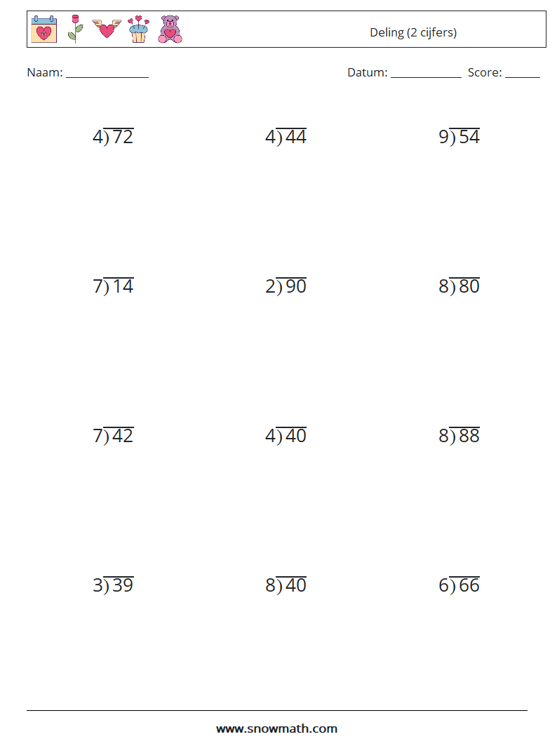 (12) Deling (2 cijfers) Wiskundige werkbladen 4