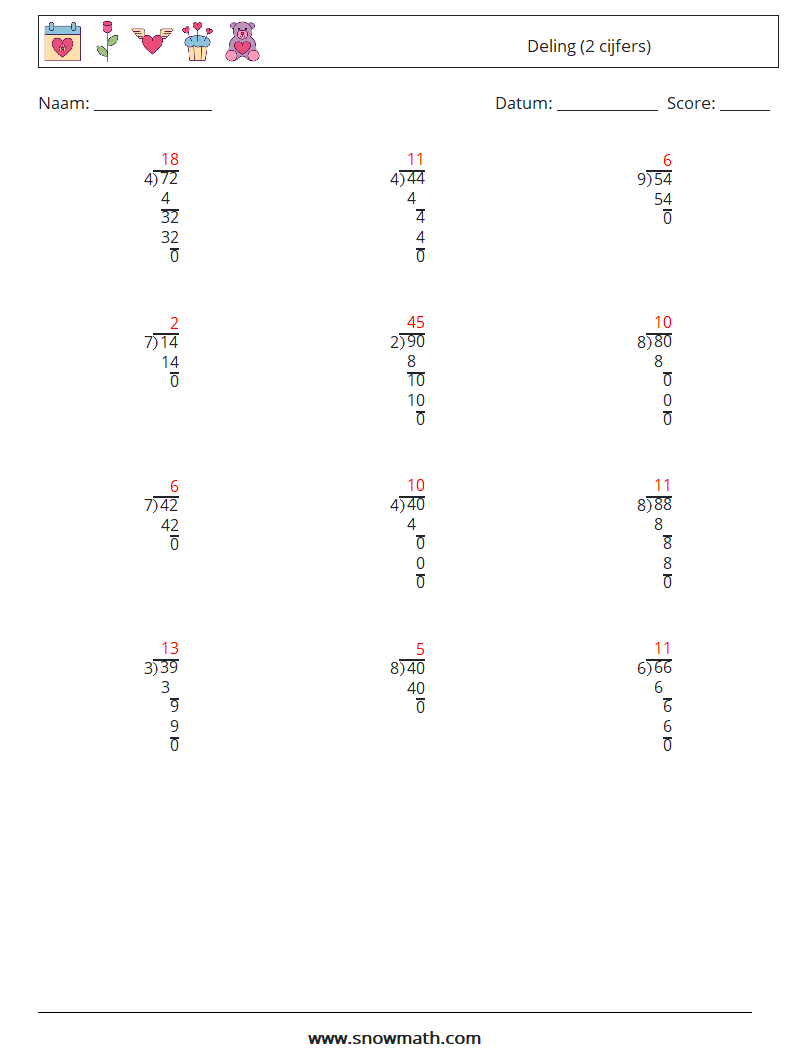 (12) Deling (2 cijfers) Wiskundige werkbladen 4 Vraag, Antwoord