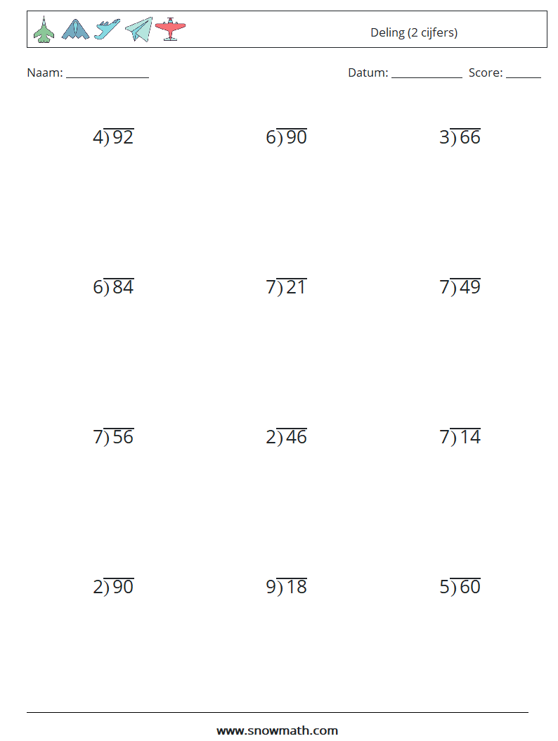 (12) Deling (2 cijfers) Wiskundige werkbladen 5