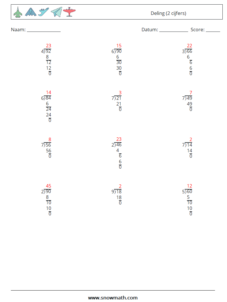 (12) Deling (2 cijfers) Wiskundige werkbladen 5 Vraag, Antwoord