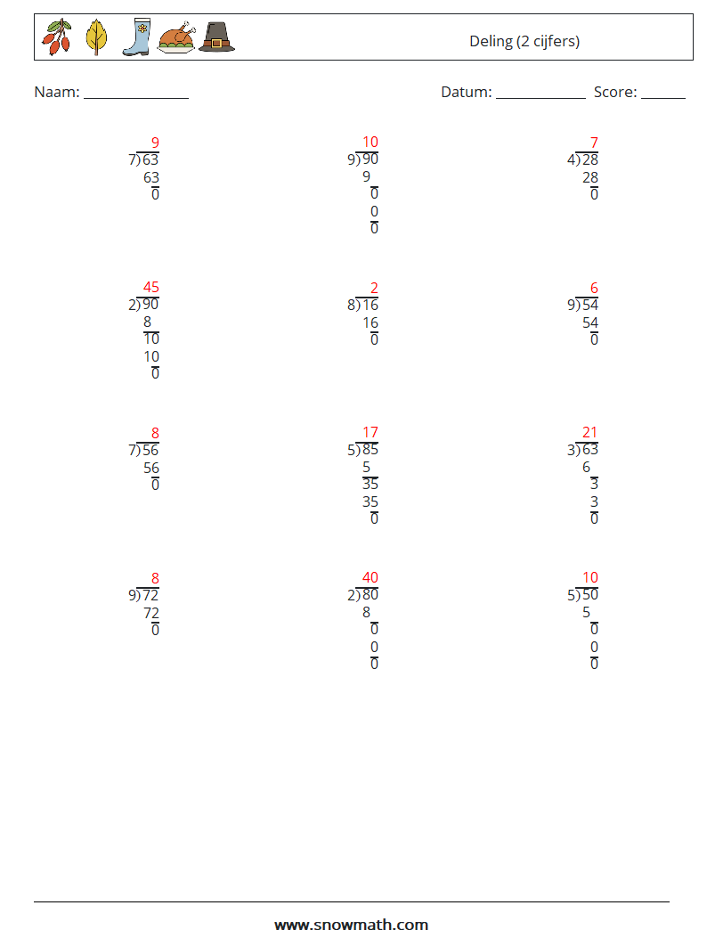 (12) Deling (2 cijfers) Wiskundige werkbladen 6 Vraag, Antwoord