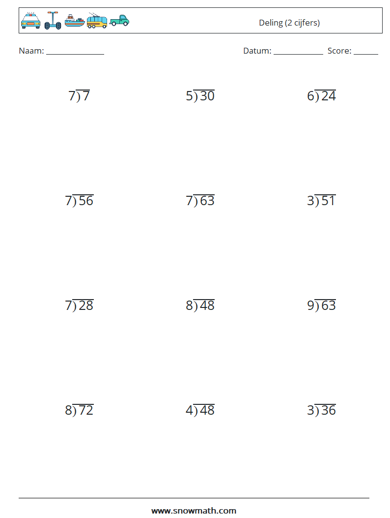(12) Deling (2 cijfers) Wiskundige werkbladen 7