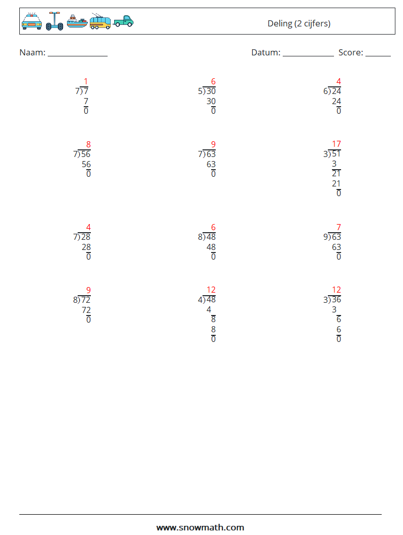 (12) Deling (2 cijfers) Wiskundige werkbladen 7 Vraag, Antwoord