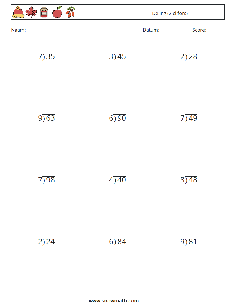 (12) Deling (2 cijfers) Wiskundige werkbladen 8