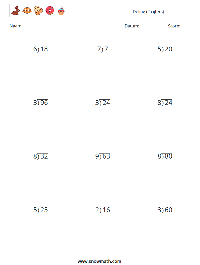(12) Deling (2 cijfers) Wiskundige werkbladen 9