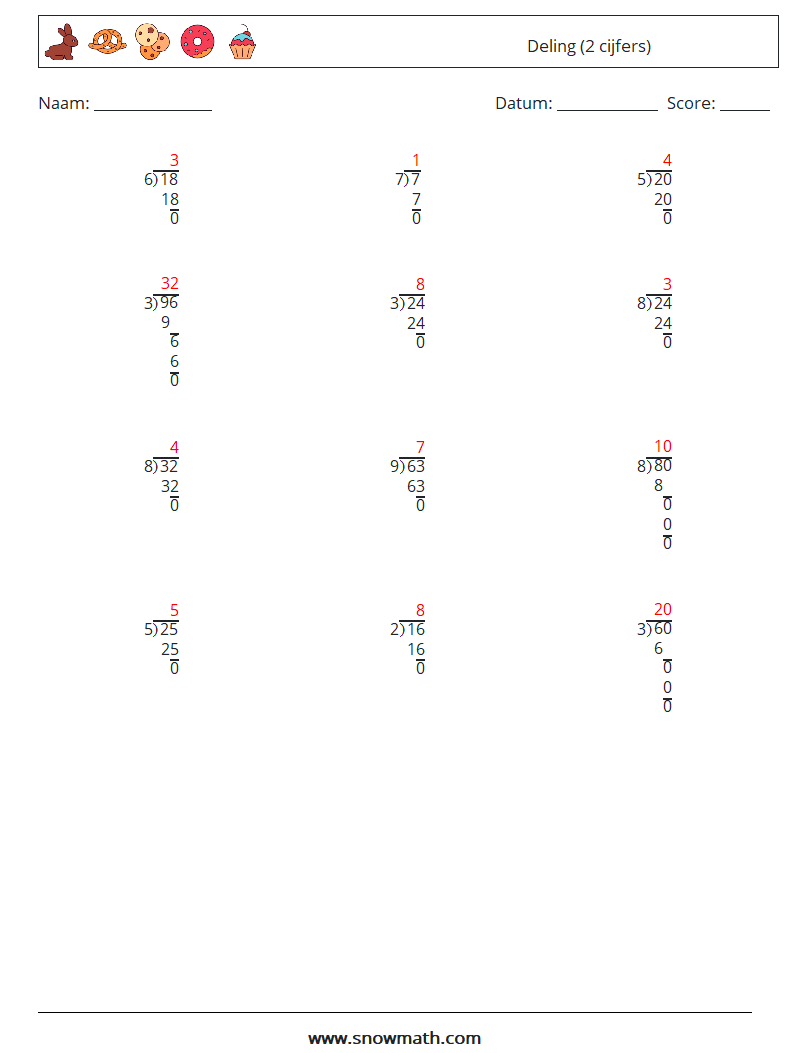 (12) Deling (2 cijfers) Wiskundige werkbladen 9 Vraag, Antwoord