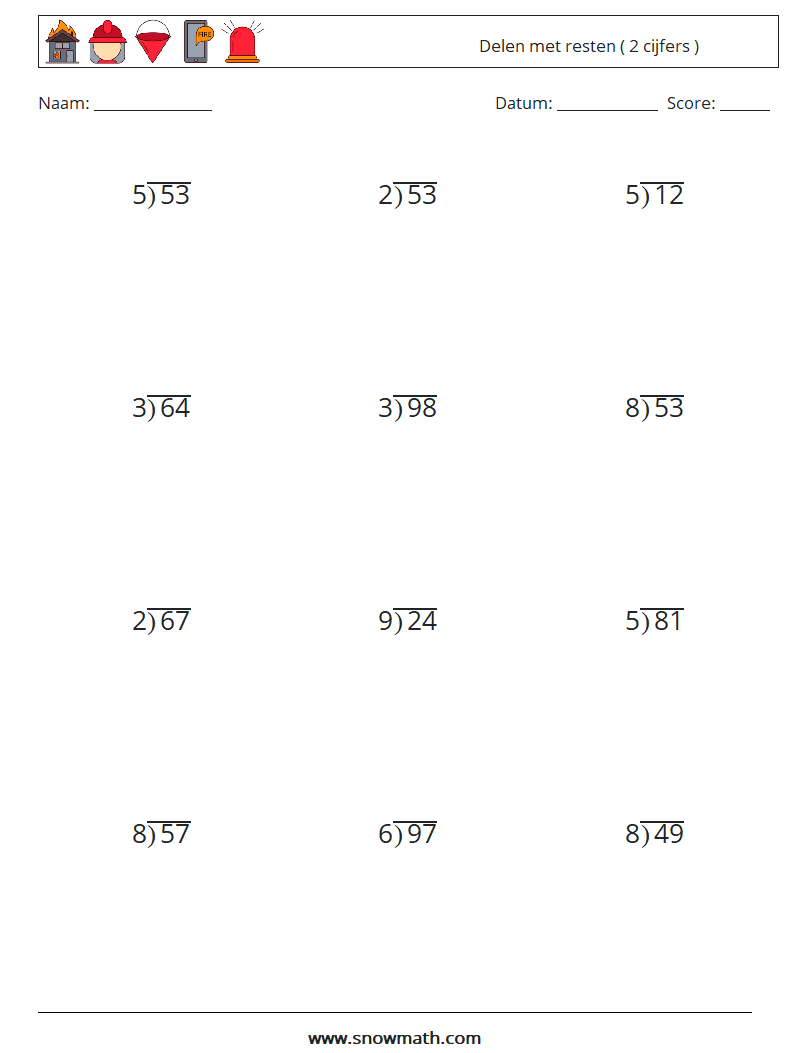 (12) Delen met resten ( 2 cijfers ) Wiskundige werkbladen 1