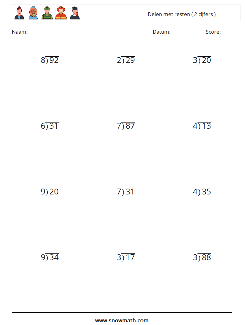 (12) Delen met resten ( 2 cijfers ) Wiskundige werkbladen 10