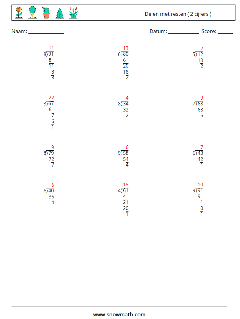 (12) Delen met resten ( 2 cijfers ) Wiskundige werkbladen 12 Vraag, Antwoord