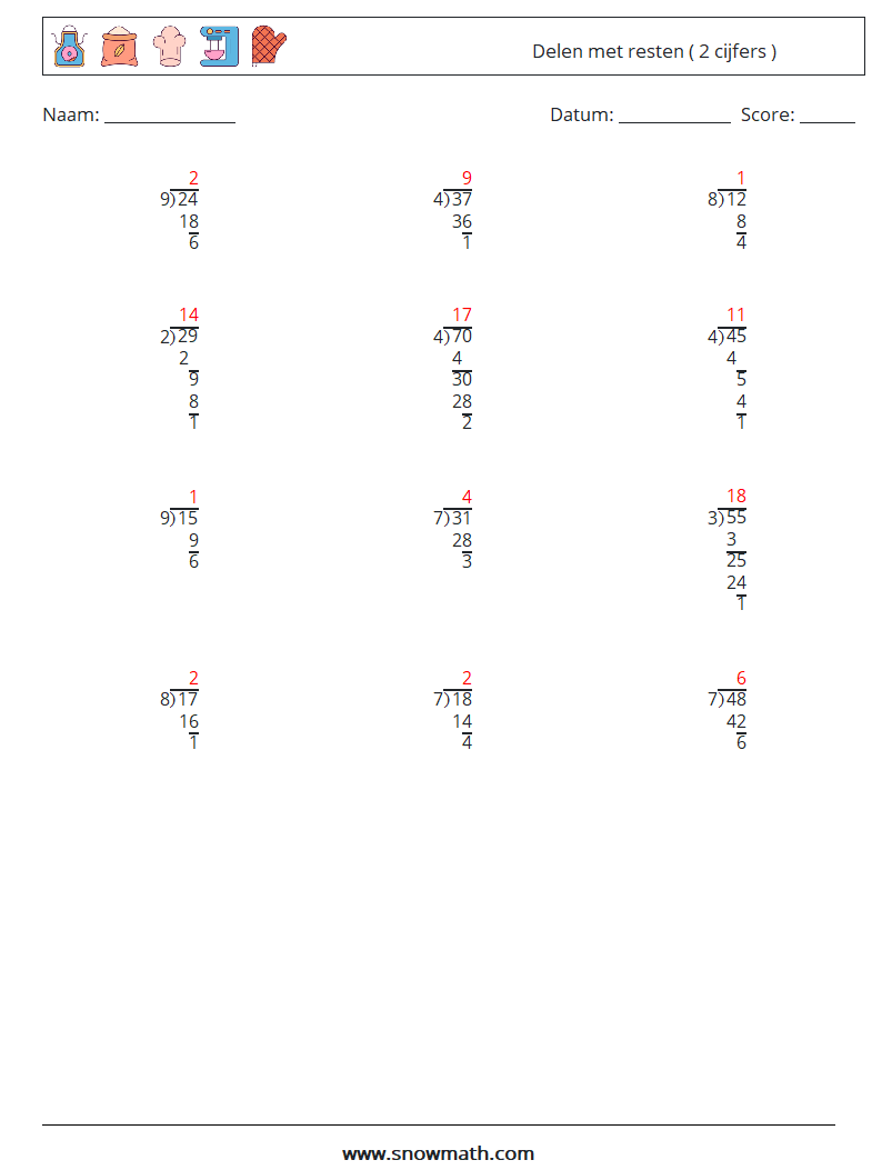 (12) Delen met resten ( 2 cijfers ) Wiskundige werkbladen 15 Vraag, Antwoord