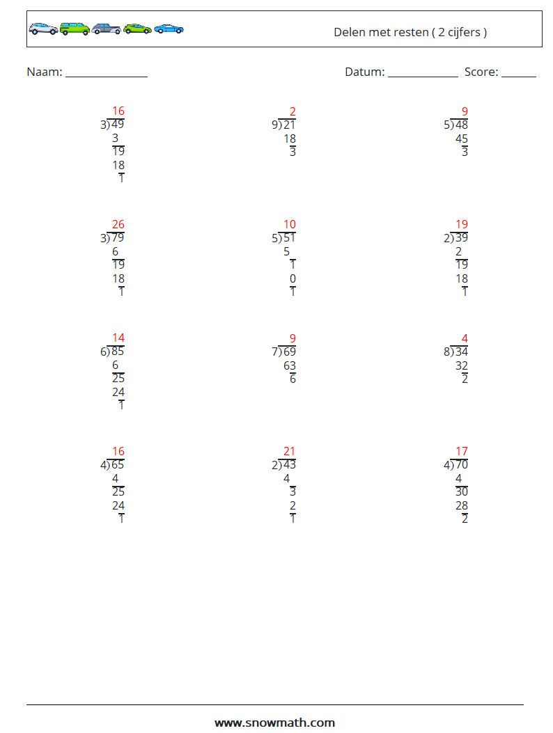 (12) Delen met resten ( 2 cijfers ) Wiskundige werkbladen 17 Vraag, Antwoord