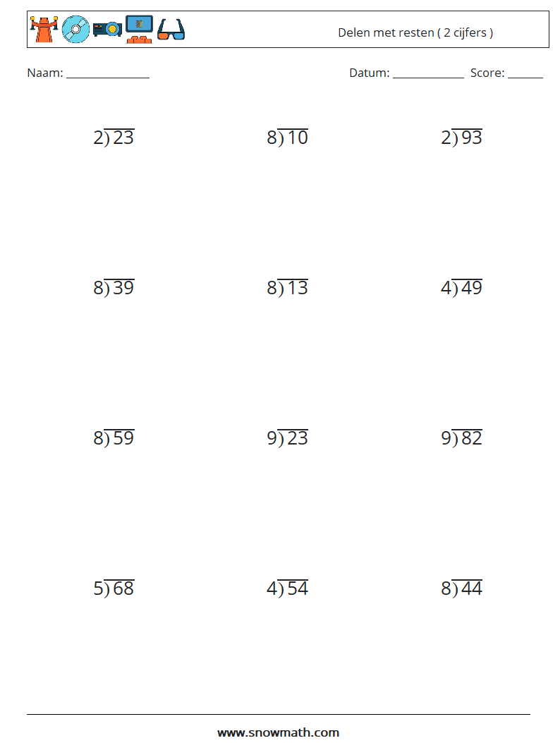 (12) Delen met resten ( 2 cijfers ) Wiskundige werkbladen 18