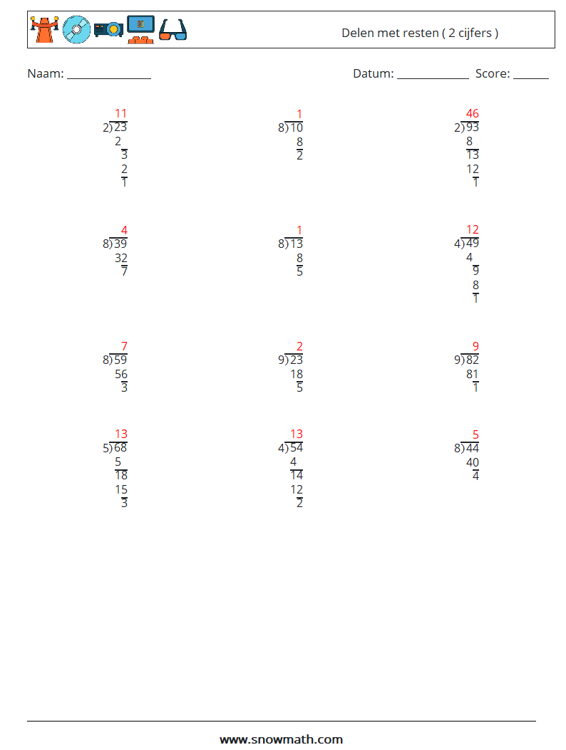 (12) Delen met resten ( 2 cijfers ) Wiskundige werkbladen 18 Vraag, Antwoord