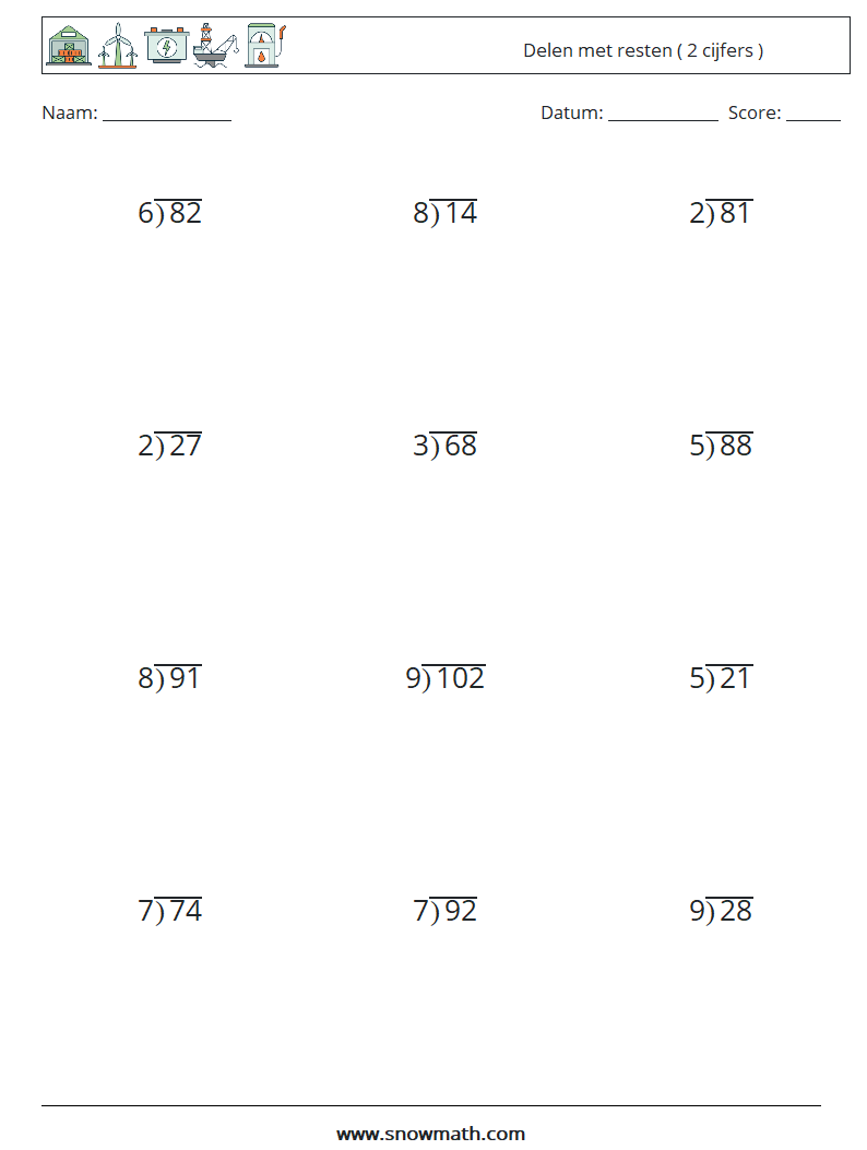 (12) Delen met resten ( 2 cijfers ) Wiskundige werkbladen 3