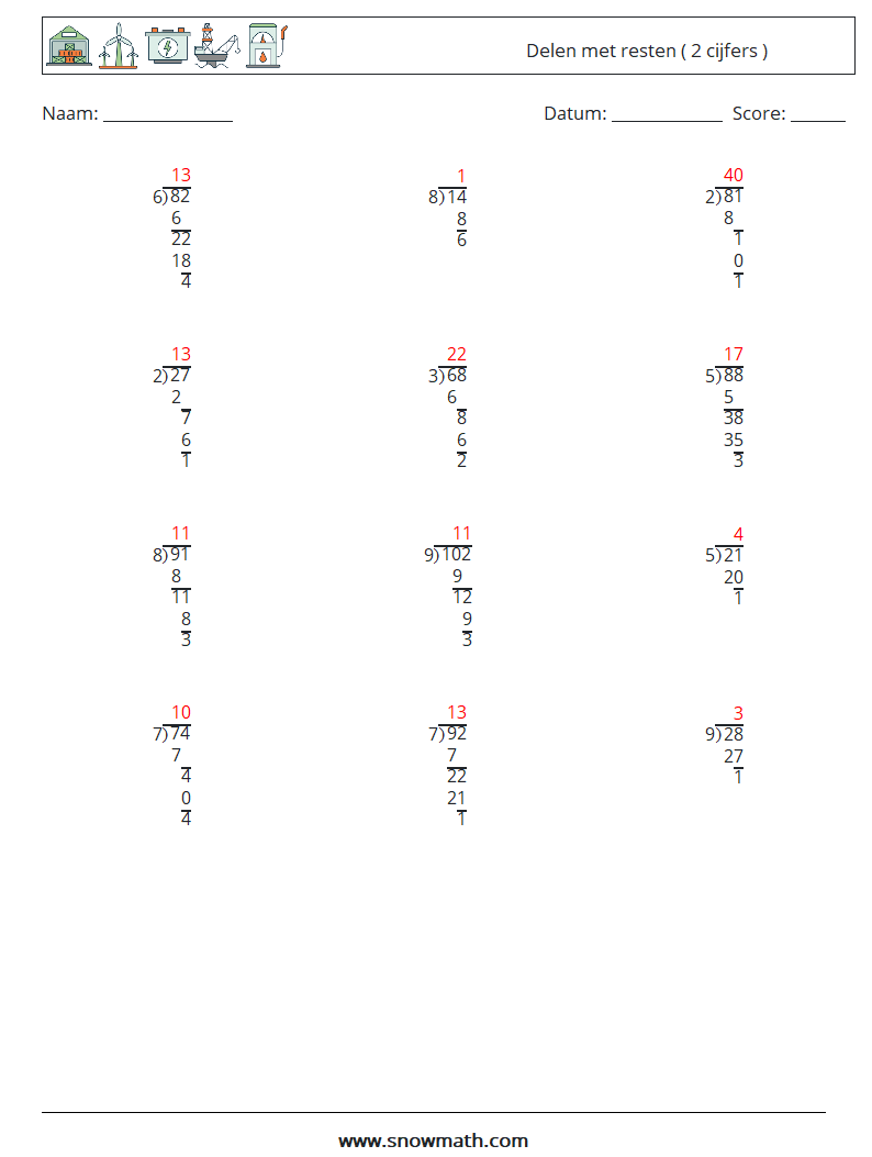 (12) Delen met resten ( 2 cijfers ) Wiskundige werkbladen 3 Vraag, Antwoord