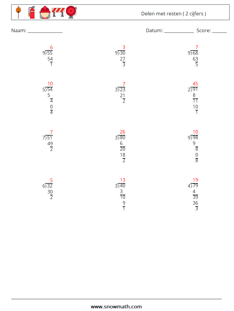 (12) Delen met resten ( 2 cijfers ) Wiskundige werkbladen 5 Vraag, Antwoord