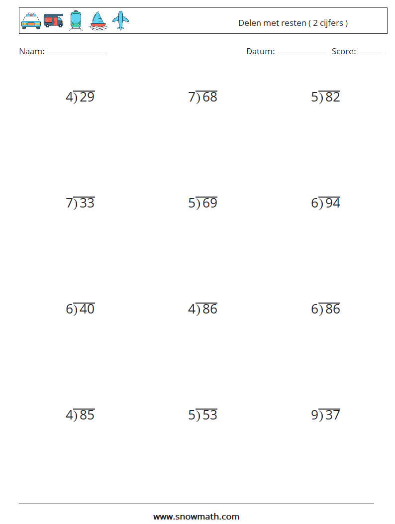 (12) Delen met resten ( 2 cijfers ) Wiskundige werkbladen 6
