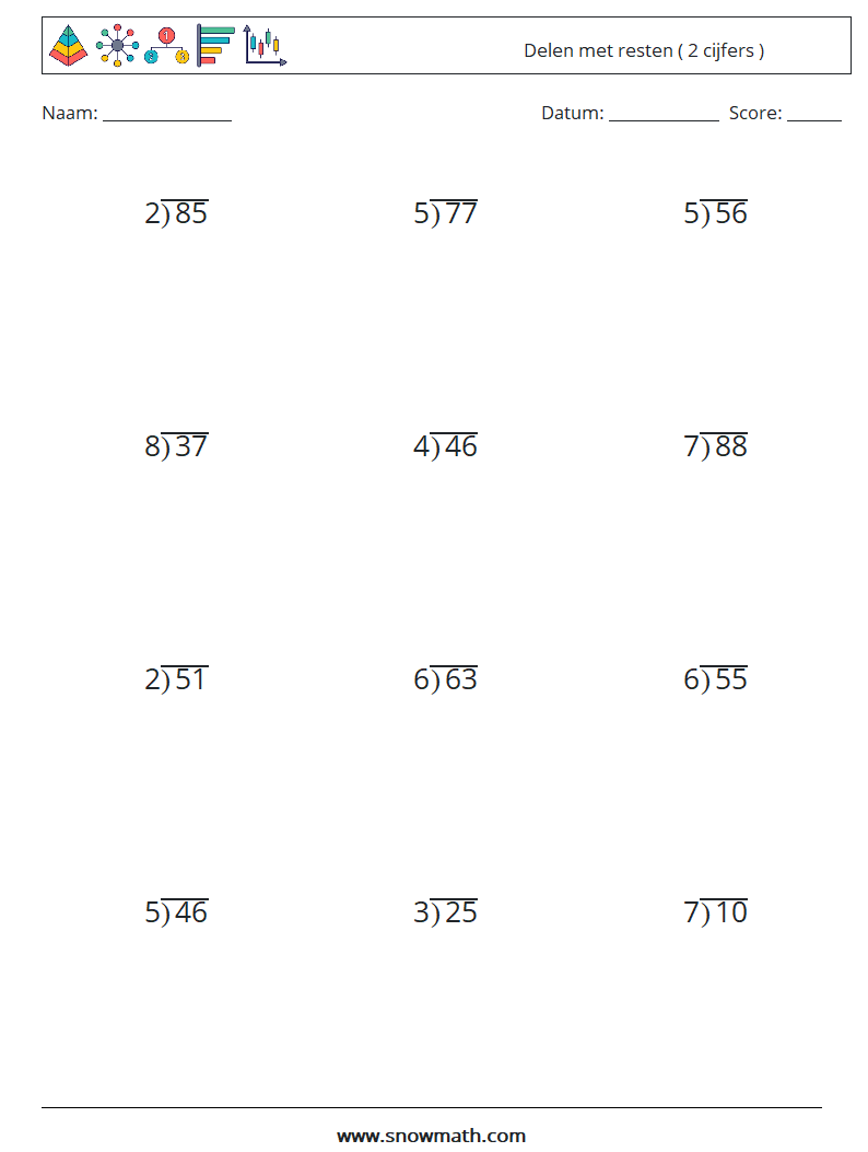 (12) Delen met resten ( 2 cijfers ) Wiskundige werkbladen 7