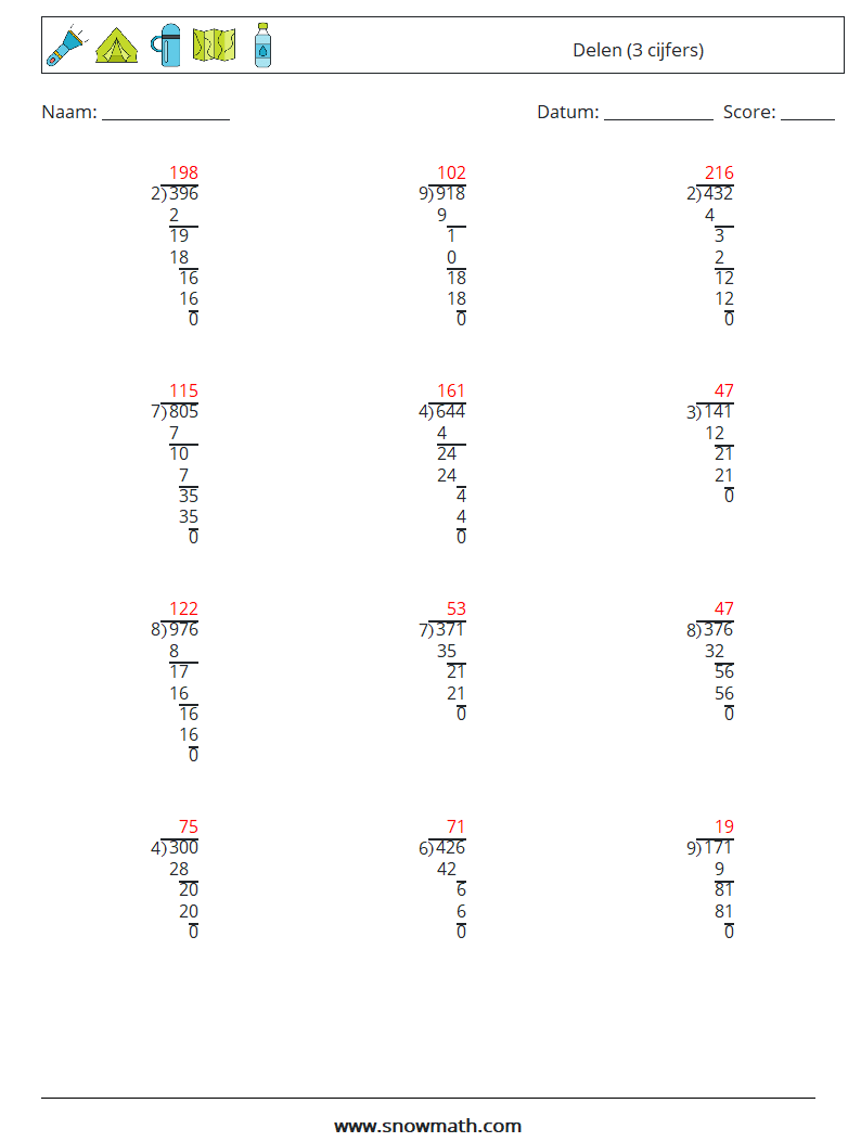 (12) Delen (3 cijfers) Wiskundige werkbladen 1 Vraag, Antwoord