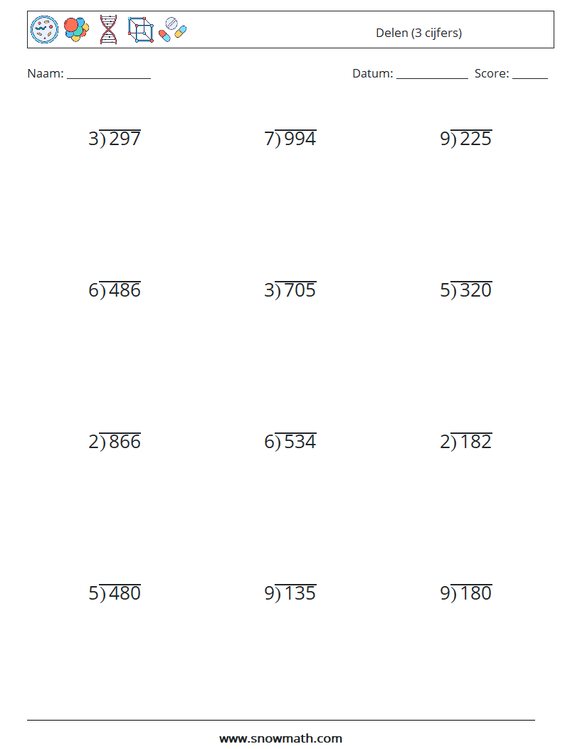 (12) Delen (3 cijfers) Wiskundige werkbladen 2
