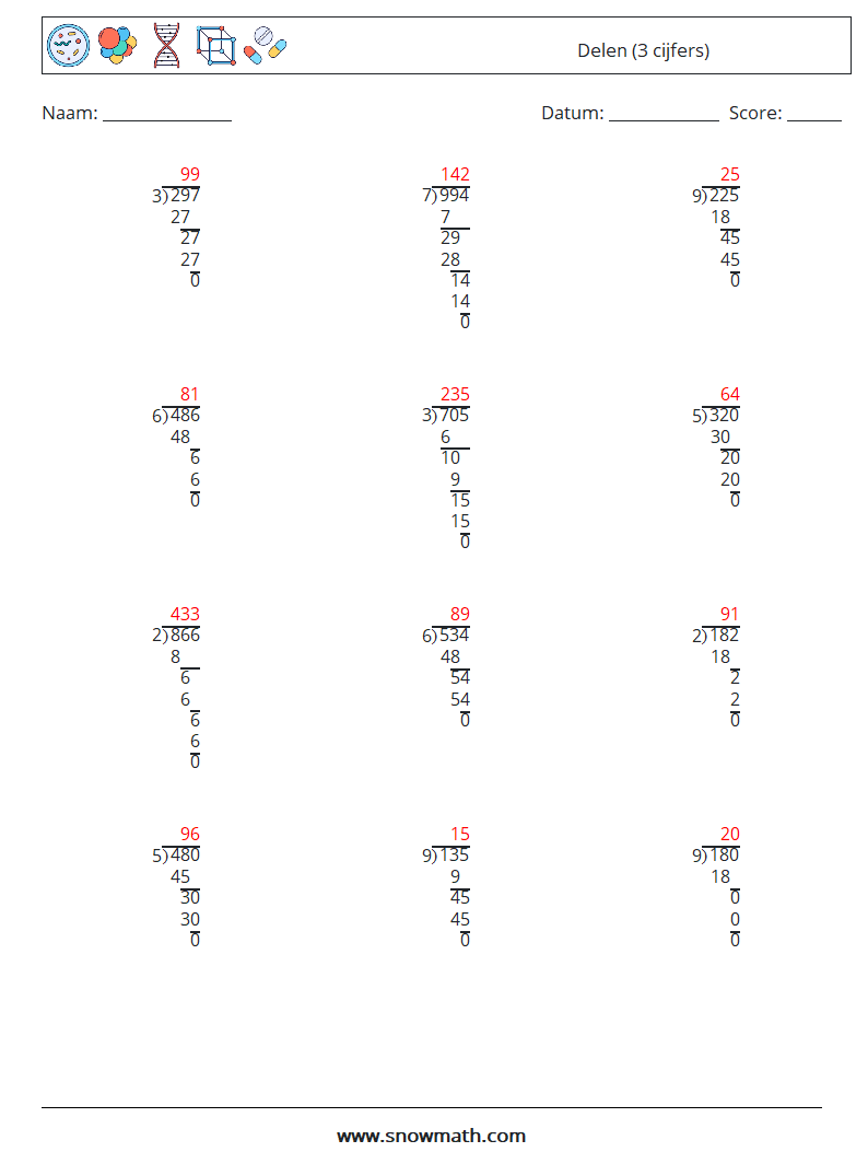 (12) Delen (3 cijfers) Wiskundige werkbladen 2 Vraag, Antwoord