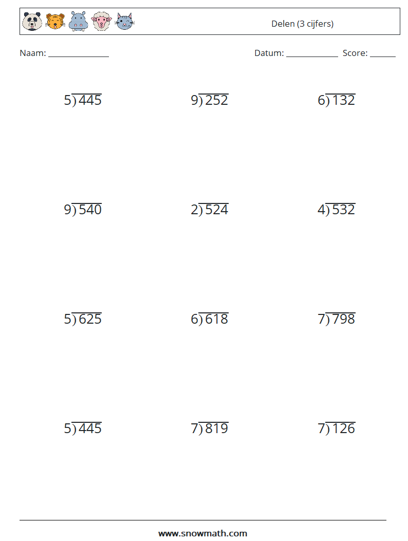 (12) Delen (3 cijfers) Wiskundige werkbladen 3