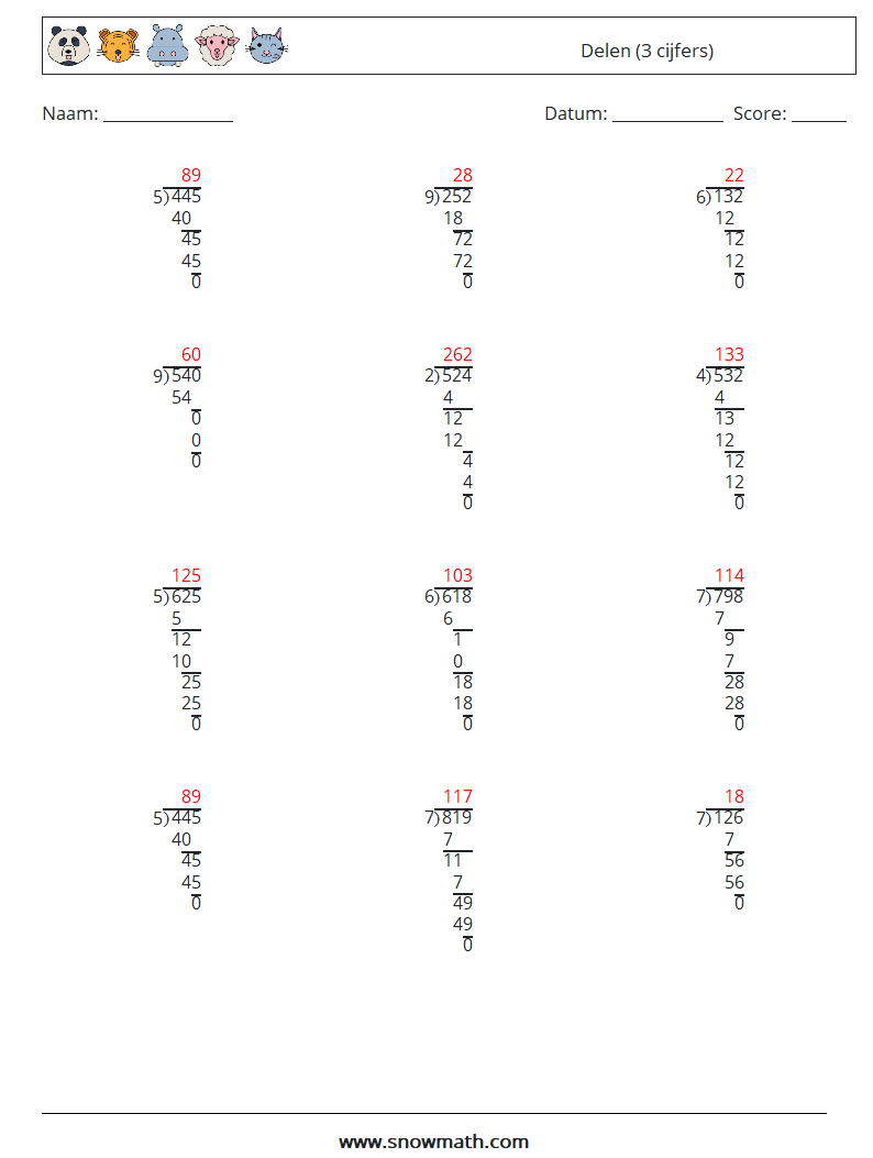 (12) Delen (3 cijfers) Wiskundige werkbladen 3 Vraag, Antwoord