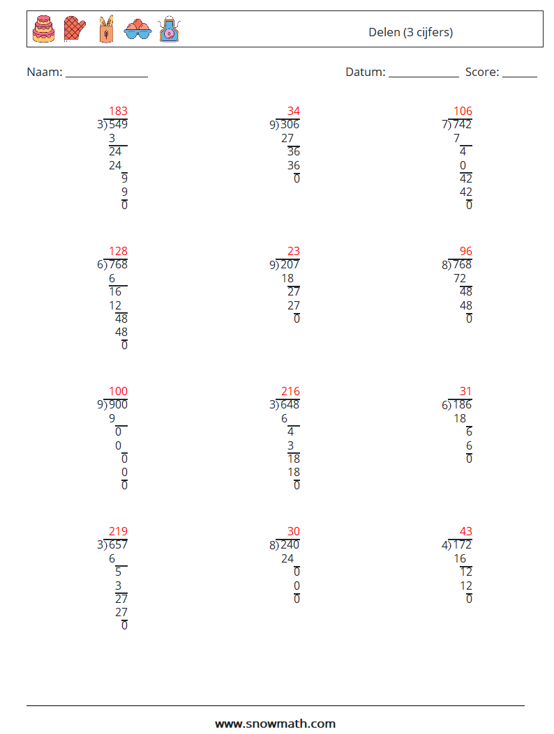 (12) Delen (3 cijfers) Wiskundige werkbladen 4 Vraag, Antwoord