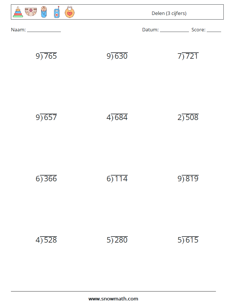 (12) Delen (3 cijfers) Wiskundige werkbladen 5