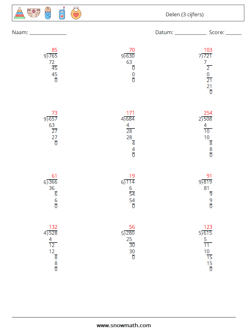 (12) Delen (3 cijfers) Wiskundige werkbladen 5 Vraag, Antwoord