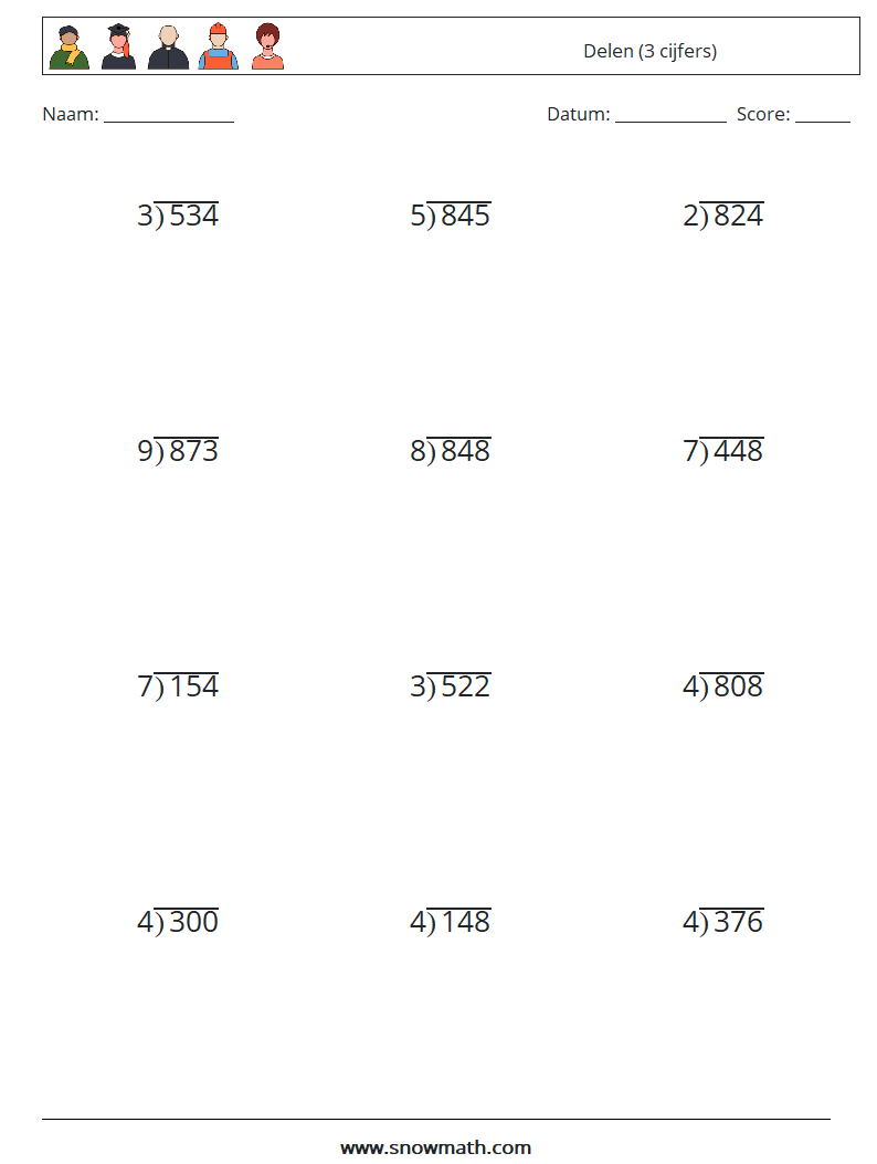 (12) Delen (3 cijfers) Wiskundige werkbladen 7