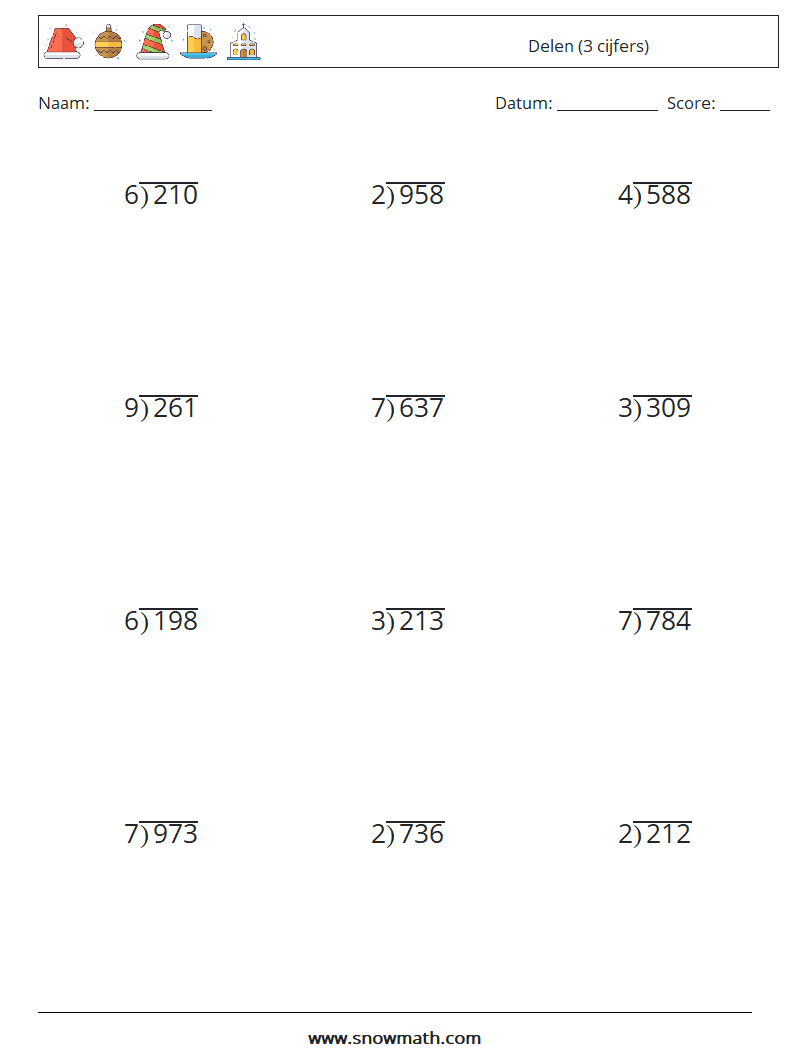 (12) Delen (3 cijfers) Wiskundige werkbladen 8
