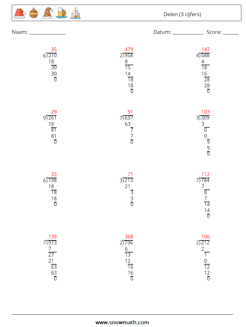 (12) Delen (3 cijfers) Wiskundige werkbladen 8 Vraag, Antwoord