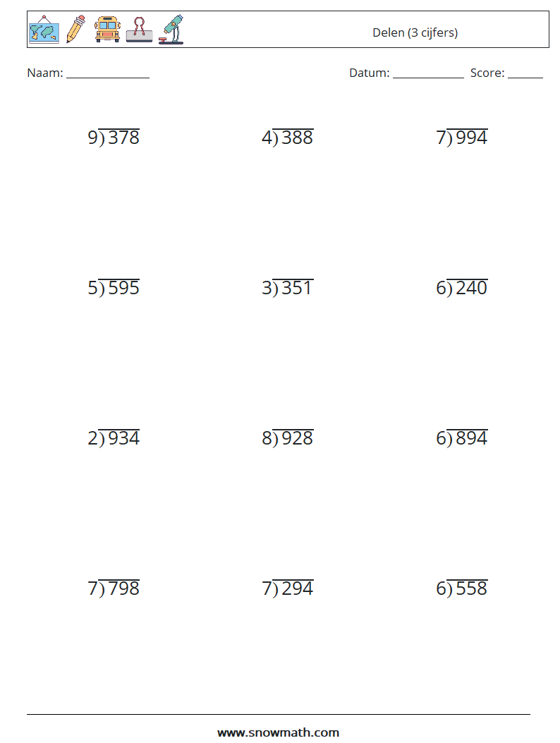 (12) Delen (3 cijfers) Wiskundige werkbladen 9