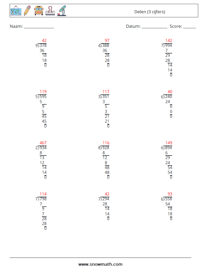 (12) Delen (3 cijfers) Wiskundige werkbladen 9 Vraag, Antwoord