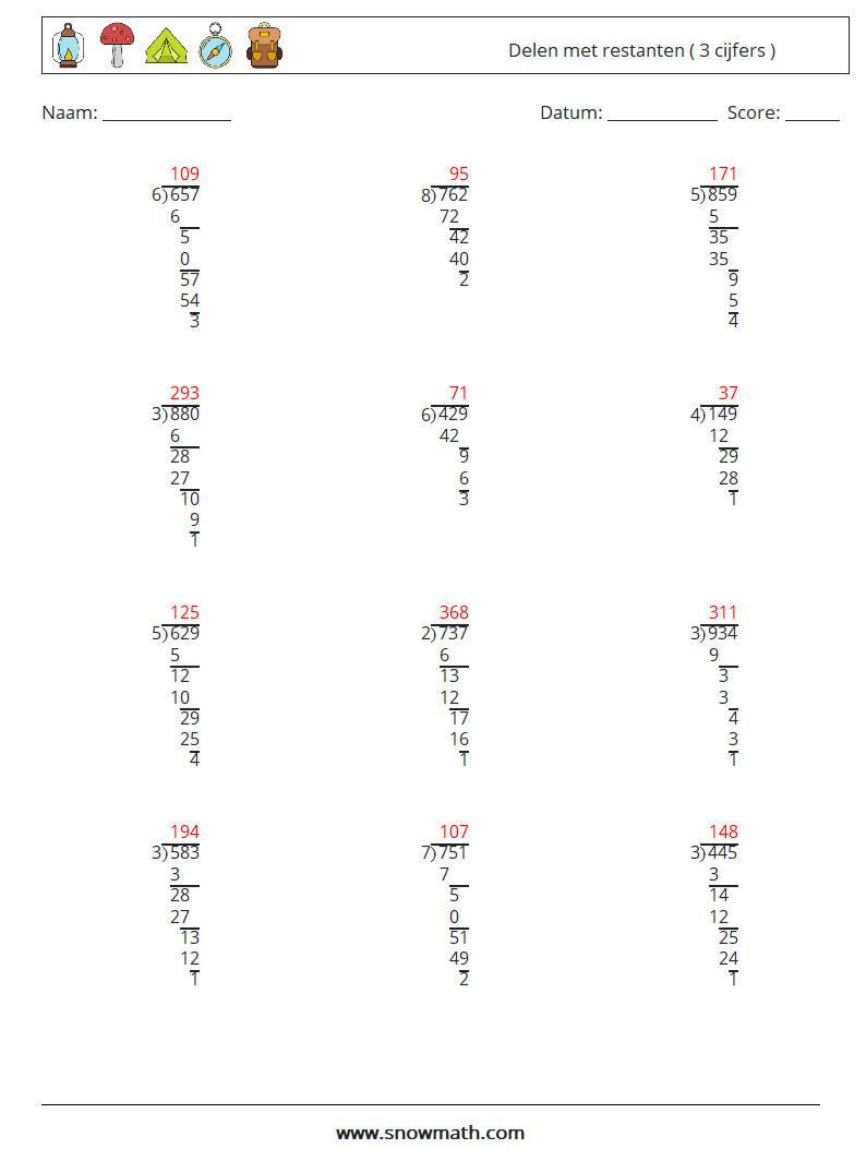 (12) Delen met restanten ( 3 cijfers ) Wiskundige werkbladen 10 Vraag, Antwoord