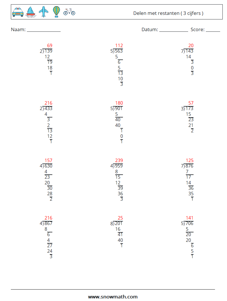 (12) Delen met restanten ( 3 cijfers ) Wiskundige werkbladen 12 Vraag, Antwoord