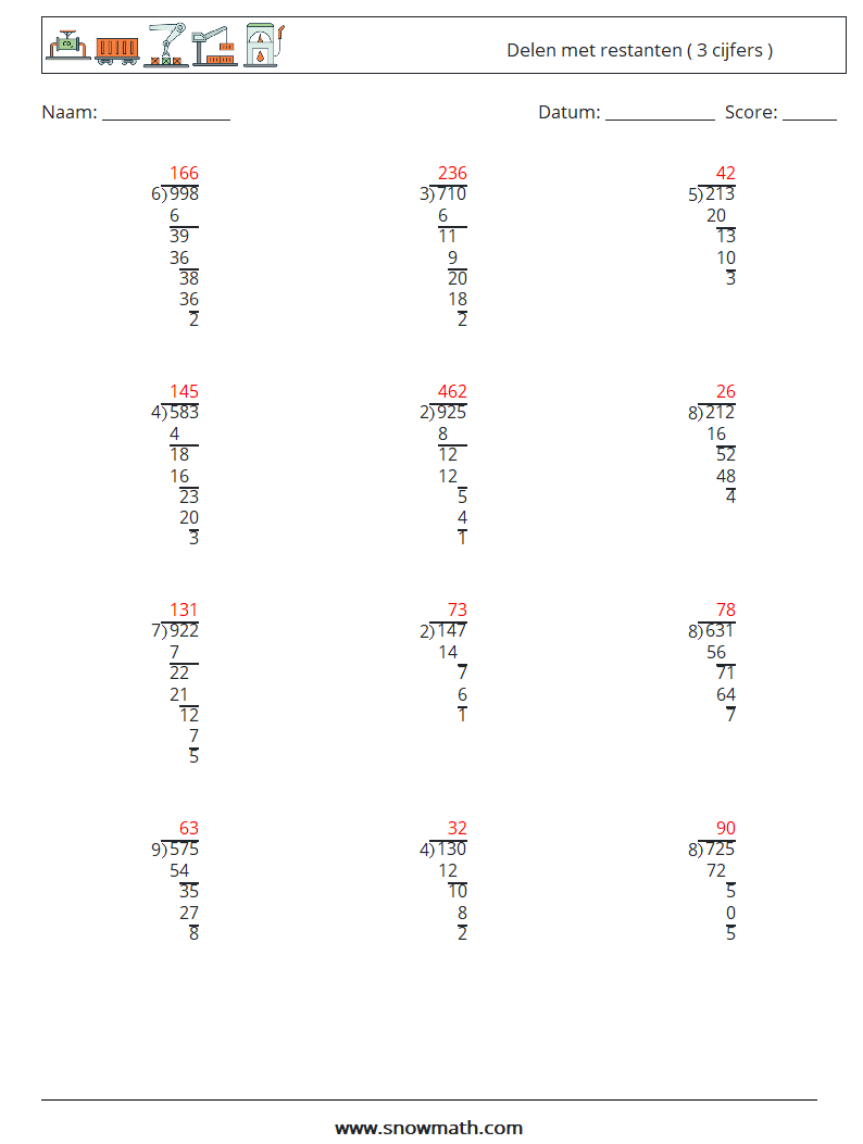 (12) Delen met restanten ( 3 cijfers ) Wiskundige werkbladen 13 Vraag, Antwoord