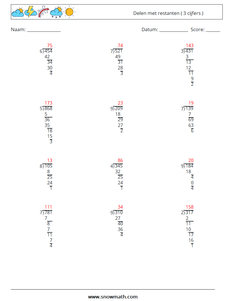 (12) Delen met restanten ( 3 cijfers ) Wiskundige werkbladen 1 Vraag, Antwoord