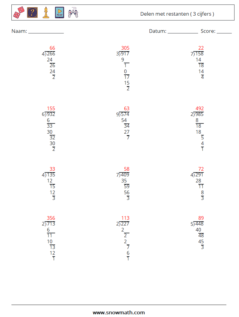 (12) Delen met restanten ( 3 cijfers ) Wiskundige werkbladen 2 Vraag, Antwoord