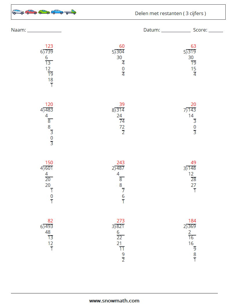 (12) Delen met restanten ( 3 cijfers ) Wiskundige werkbladen 3 Vraag, Antwoord