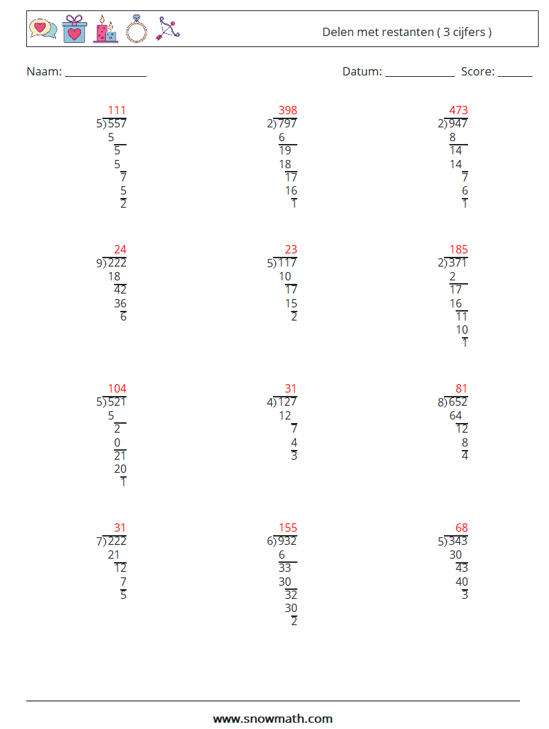 (12) Delen met restanten ( 3 cijfers ) Wiskundige werkbladen 4 Vraag, Antwoord