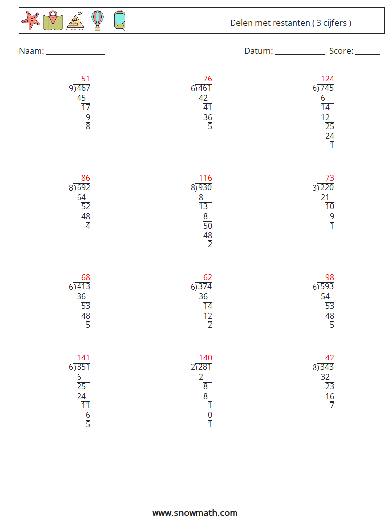 (12) Delen met restanten ( 3 cijfers ) Wiskundige werkbladen 5 Vraag, Antwoord