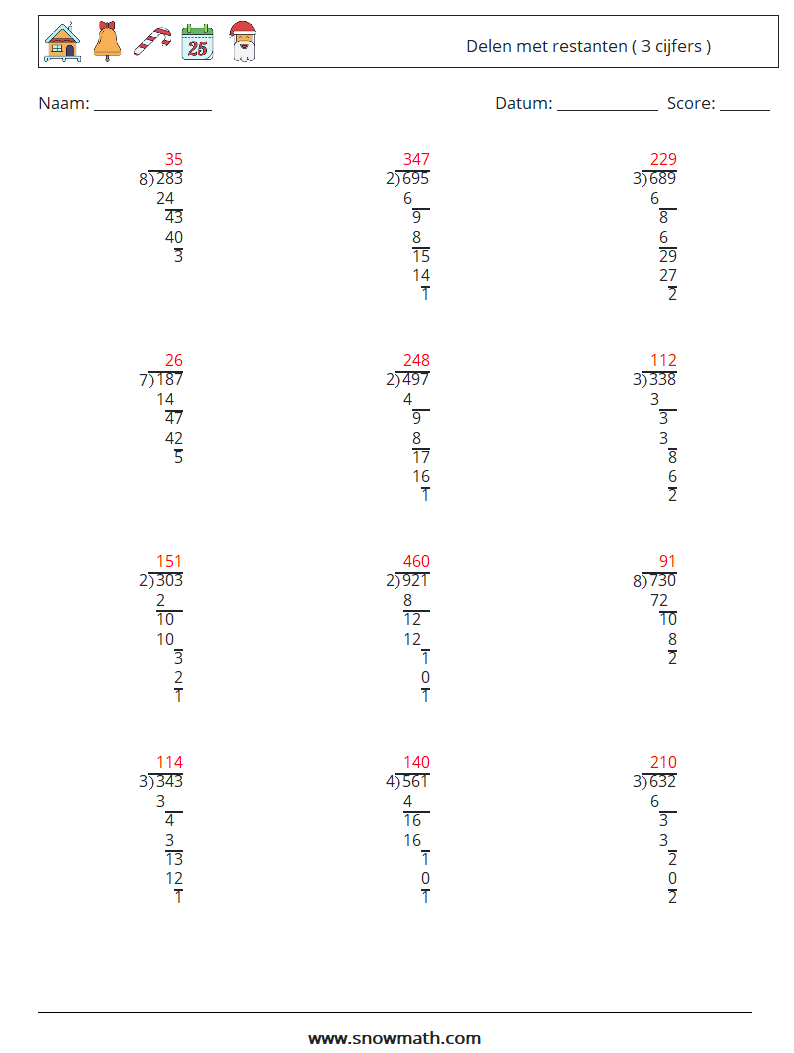 (12) Delen met restanten ( 3 cijfers ) Wiskundige werkbladen 6 Vraag, Antwoord