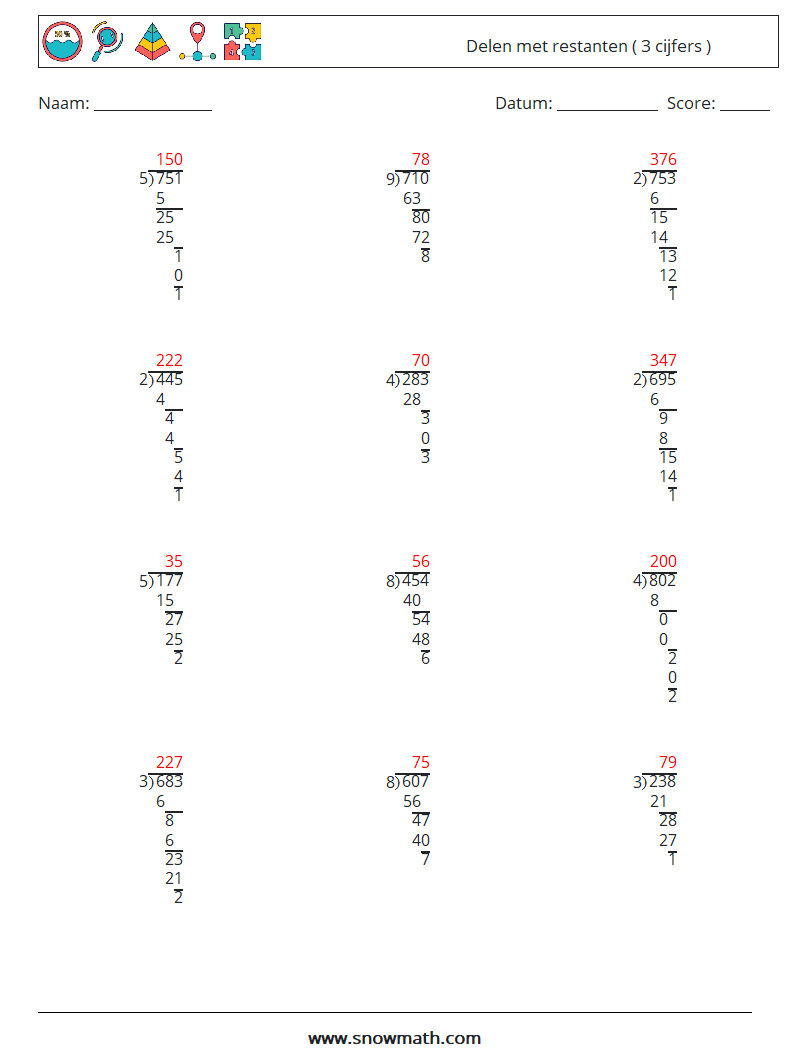 (12) Delen met restanten ( 3 cijfers ) Wiskundige werkbladen 7 Vraag, Antwoord