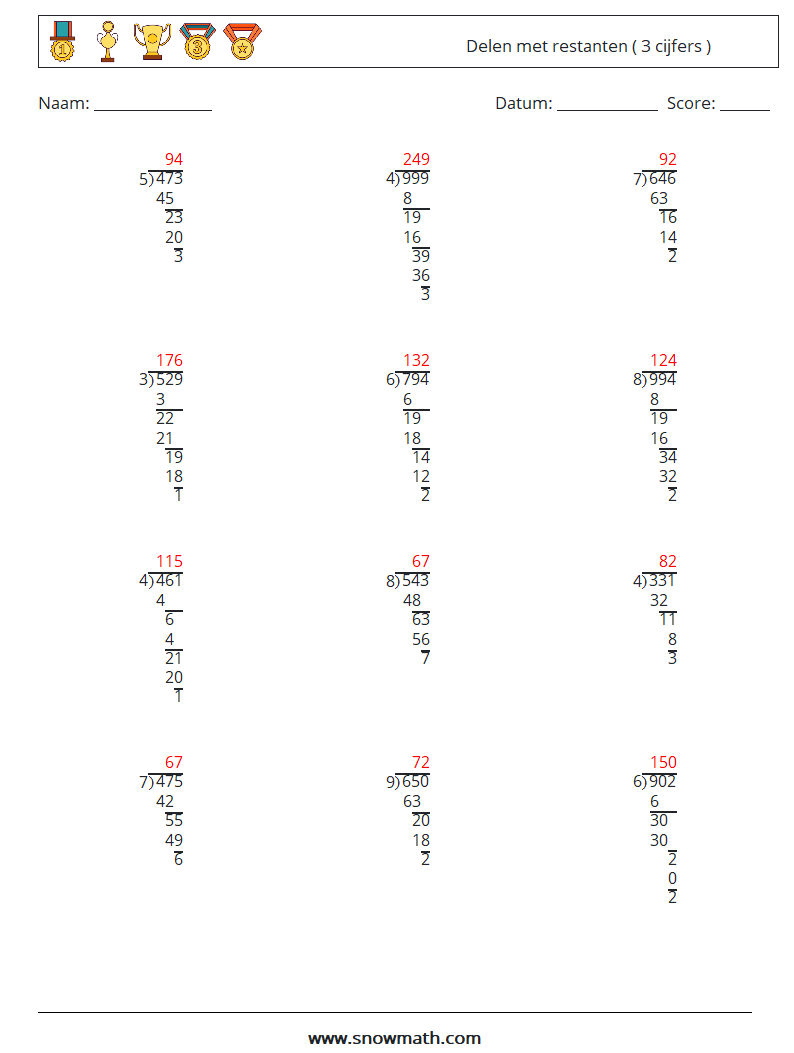 (12) Delen met restanten ( 3 cijfers ) Wiskundige werkbladen 9 Vraag, Antwoord