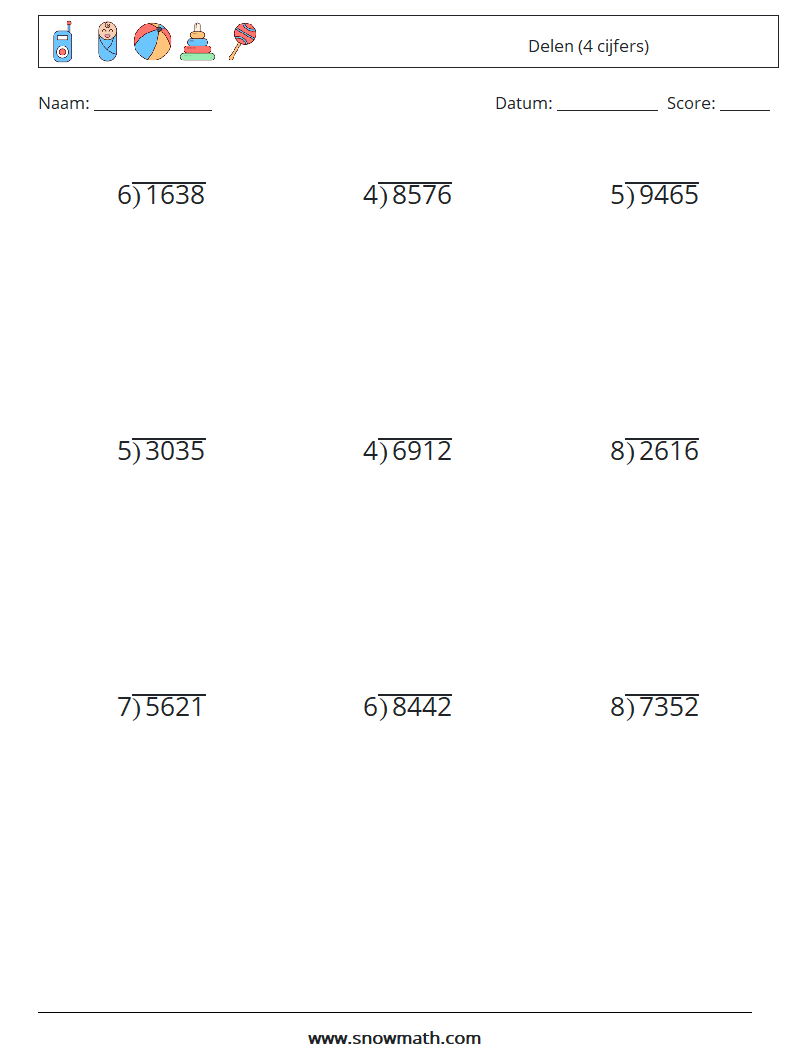 (9) Delen (4 cijfers) Wiskundige werkbladen 1