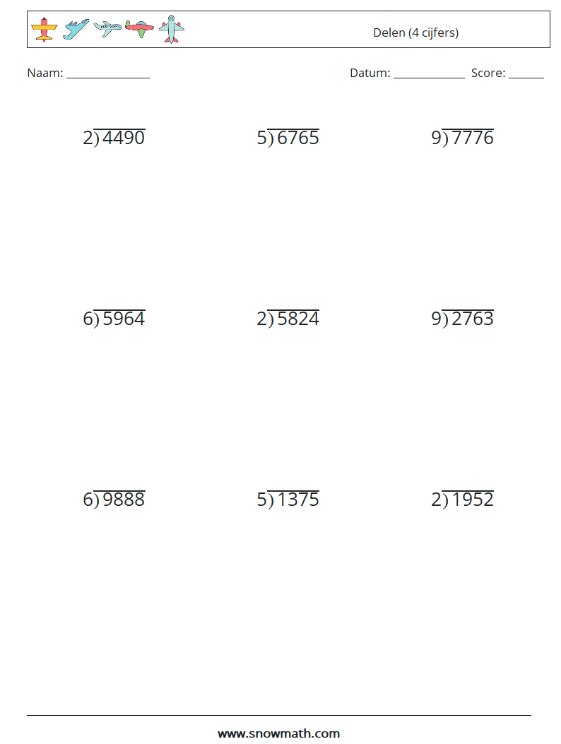 (9) Delen (4 cijfers) Wiskundige werkbladen 11