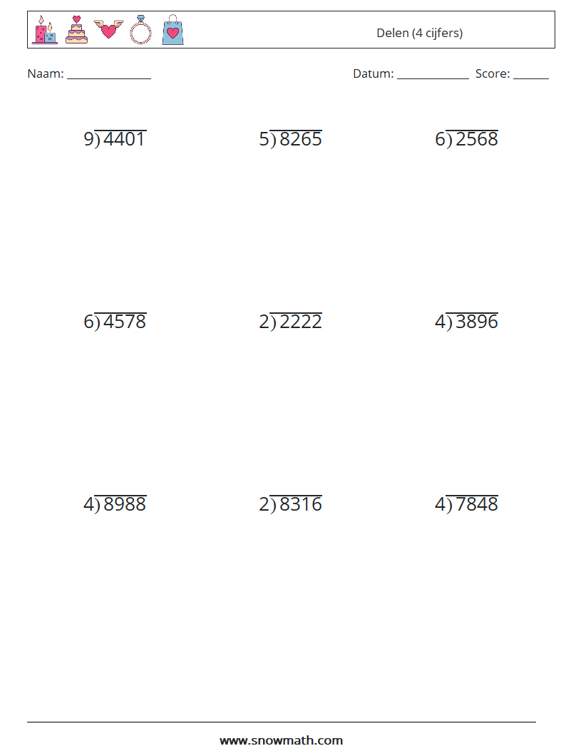 (9) Delen (4 cijfers) Wiskundige werkbladen 12
