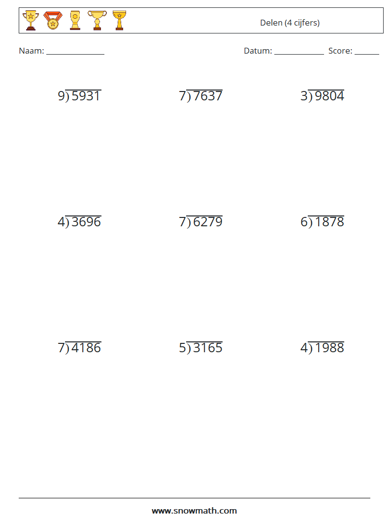 (9) Delen (4 cijfers) Wiskundige werkbladen 13